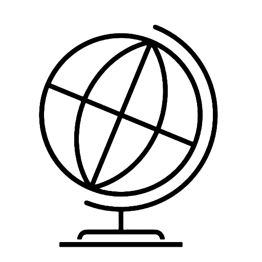 Line drawing of a globe on a stand.