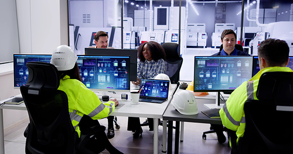 Group of professionals reviewing data on multiple screens during a meeting in a modern industrial workspace.