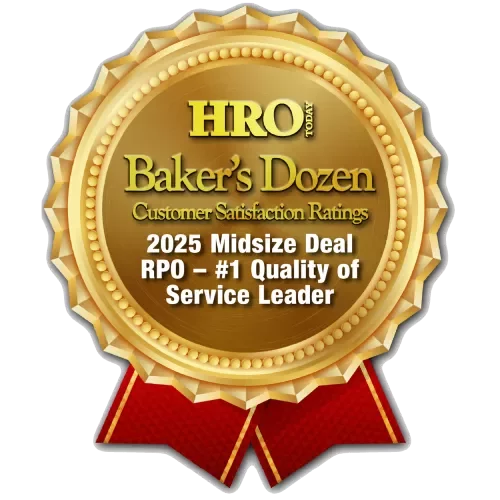 Gold badge for HRO Today Baker’s Dozen 2025 Midsize Deal RPO – #1 Quality of Service Leader.